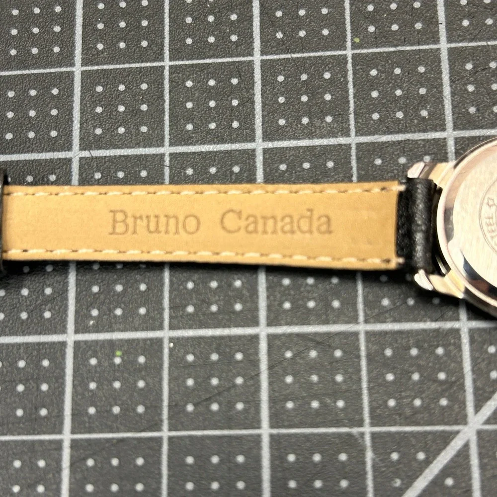 Bruno 3301 Quartz Watch Silver Tone White Dial Roman Numerals Black Leather Band